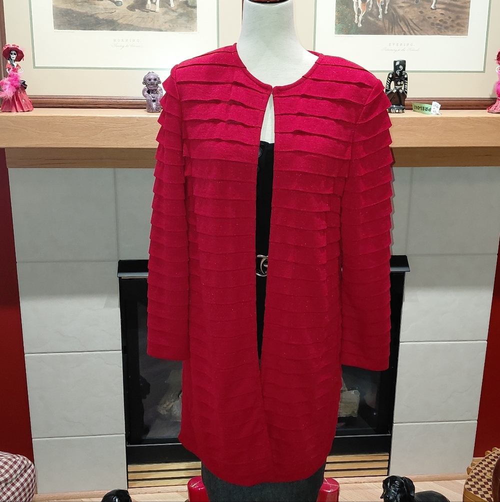 Red St. John Layered Long Knit Cardigan Duster Sz 12 VGC!